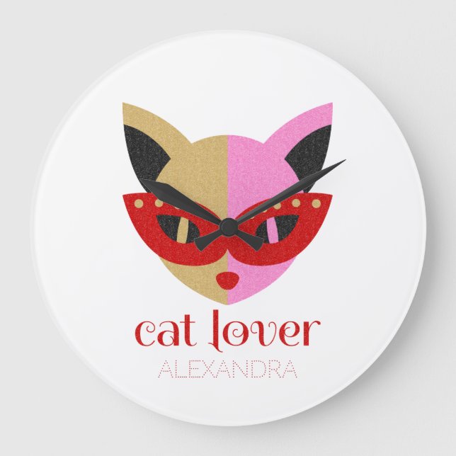 Cat Lover Cute Red Pink Gold Name Personalised Large Clock (Front)