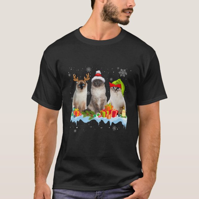 Cat Lover Funny Birman Tree Christmas Light T-Shirt (Front)