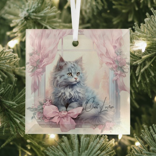 Cat Lover Grey Kitten Pink Bow Glass Tree Decoration (Insitu)
