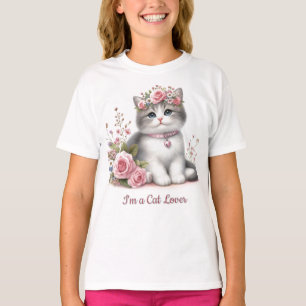 Cat Lover Grey Kitten Pink Roses  T-Shirt