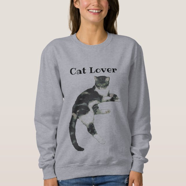 Cat Lover Grey White Cat Art Text  Sweatshirt (Front)