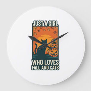 Cat Lover Just A Girl Who Loves Fall And Cats Vint Large Clock