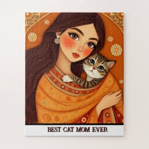 Cat lover Mum Photo  orange Jigsaw Puzzle
