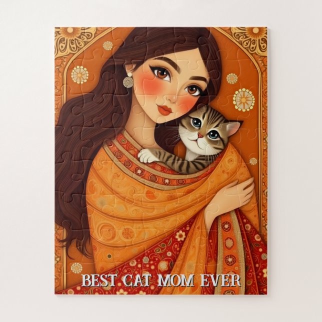 Cat lover Mum Photo  orange Jigsaw Puzzle (Vertical)