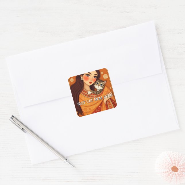 Cat lover Mum Photo  orange Square Sticker (Envelope)