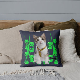 Cat Lover Pet Friends Lime Paw Dark Blue Customise Cushion