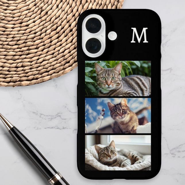 Cat Lover Pet Photo Gallery Monogrammed Case-Mate iPhone Case (A monogrammed phone case to personalize with three favorite photos of your cat)