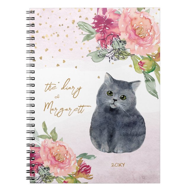 Cat Lover Pink Flower Pretty Girl Daily Diary Notebook (Front)