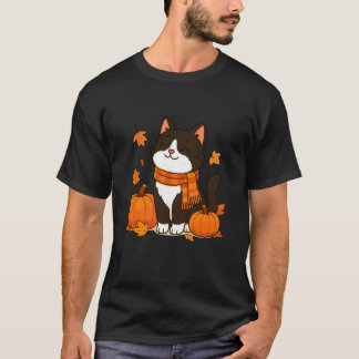 Cat Lover Pumpkin Autumn Leaves Fall Season Feline T-Shirt