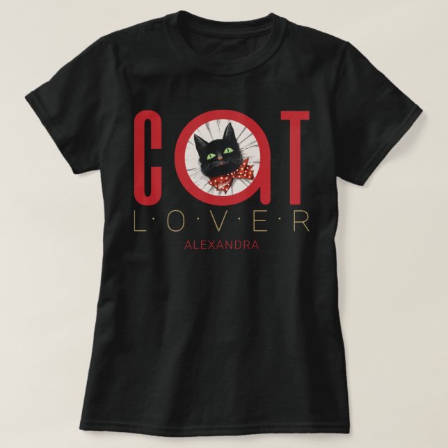 Cat Lover Red Black Green Bow Tie Custom Name T-Shirt (Design Front)