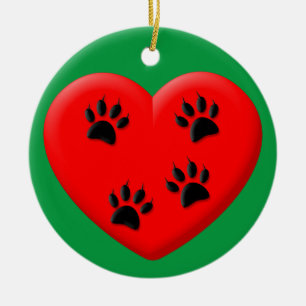 Cat Lover Red Heart And Paws Classic Ceramic Tree Decoration