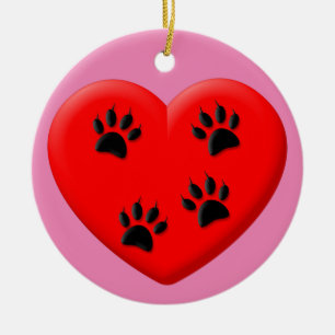 Cat Lover Red Heart And Paws Classic Ceramic Tree Decoration