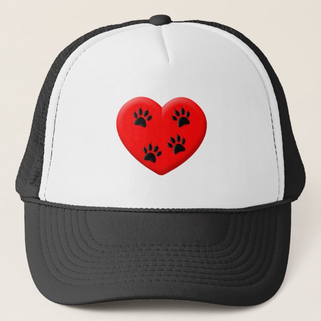 Cat Lover Red Heart And Paws Trucker Hat (Front)