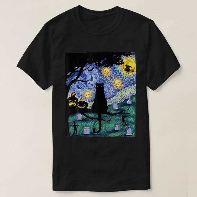 Cat Lover Scary Night Cat Ee Van Gogh Cat Hallowee T-Shirt (Design Front)