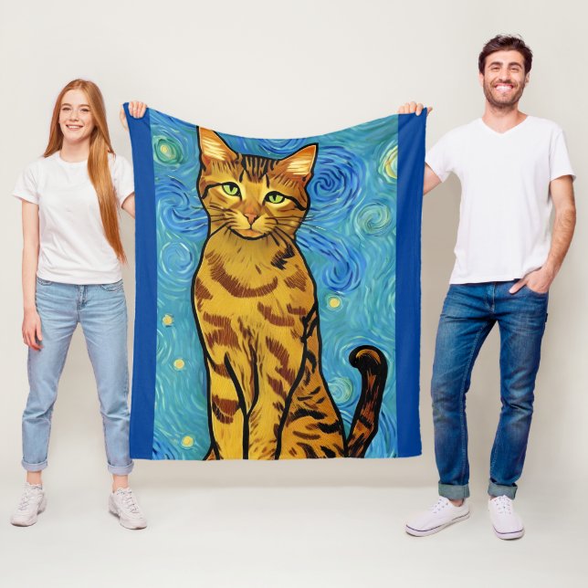 Cat Lover Van Gogh Style Starry Night Fleece Blanket (In Situ)
