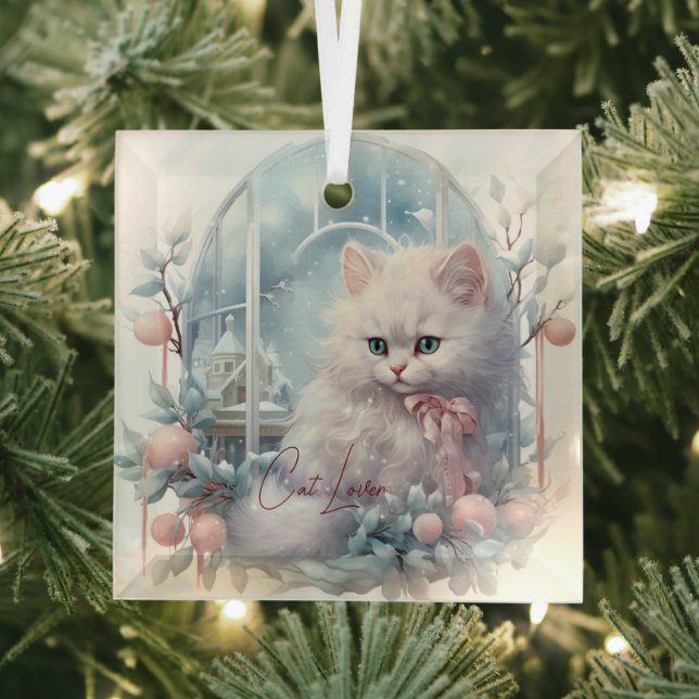 Cat Lover White Kitten Pink Bow and Balls Glass Tree Decoration (Insitu)