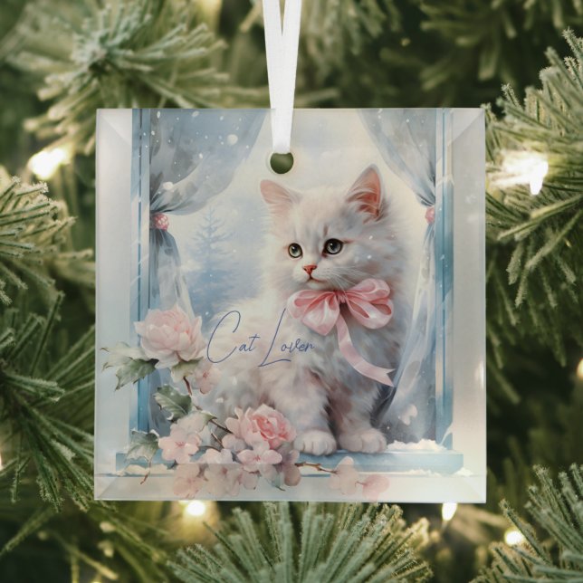 Cat Lover White Kitten Pink Bow Glass Tree Decoration (Insitu)