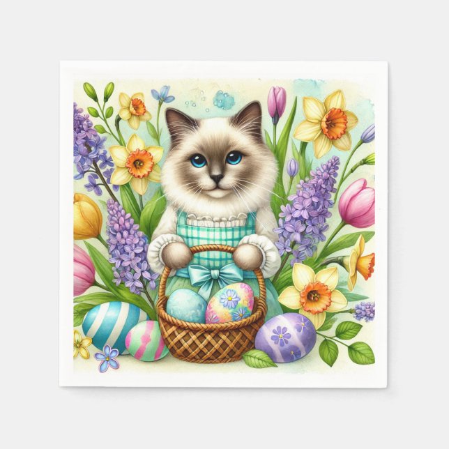 Cat Lover with Easter Basket and flowers Napkin (Front)