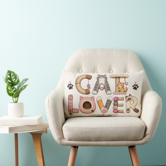 Cat Lover Word Art Lumbar Throw Pillow (Chair)