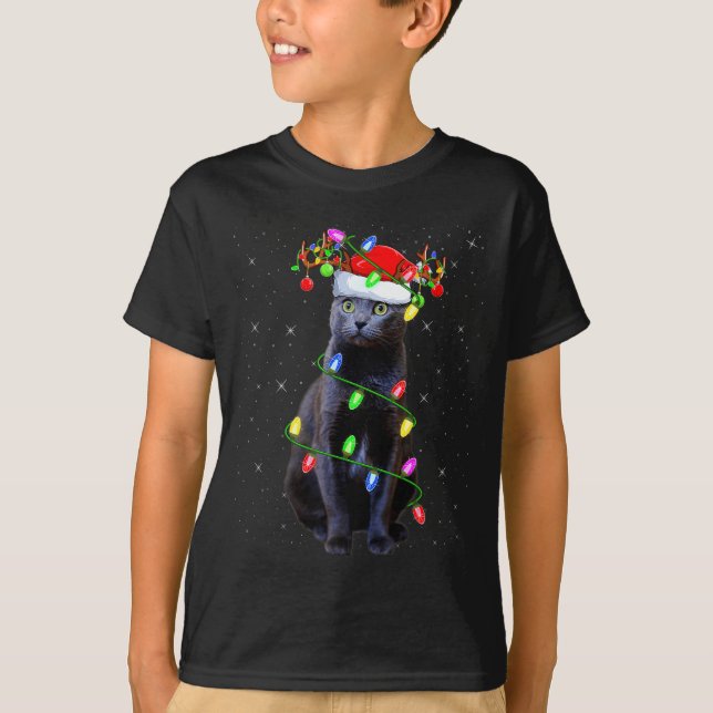 Cat Lover Xmas Lighting Santa Russian Blue Cat Chr T-Shirt (Front)