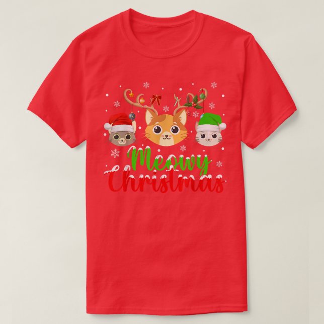 Cat Lover Xmas Lights Reindeer Santa Meowy Cat Chr T-Shirt (Design Front)
