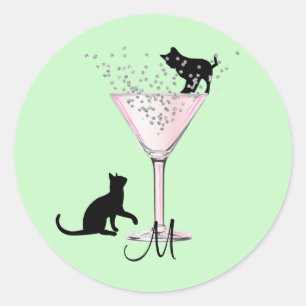 Cat Lovers Bubbles Modern Green Cocktail Monogram Classic Round Sticker