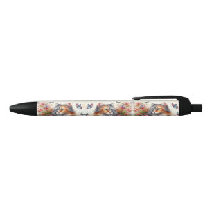 Cat Lovers Calico Cat Floral Writing  Black Ink Pen