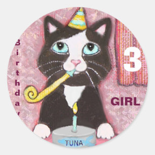 Cat Lover's Custom Age Round Birthday Stickers