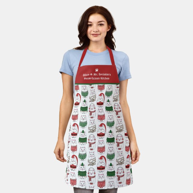 Cat Lovers Cute Funny Festive Christmas Cat Apron (Worn)