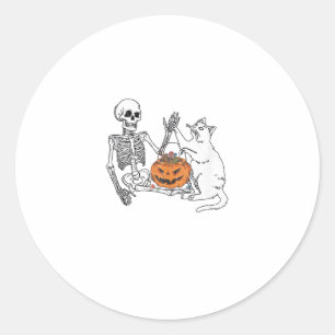 Cat Lovers Halloween Funny Skeleton and Cat Lazy C Classic Round Sticker