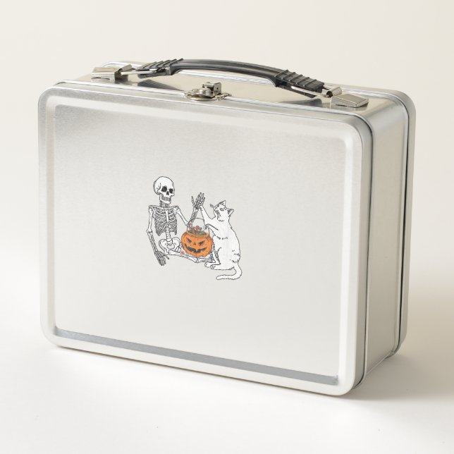 Cat Lovers Halloween Funny Skeleton and Cat Lazy C Metal Lunch Box (Front)