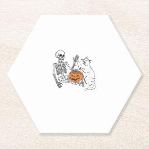 Cat Lovers Halloween Funny Skeleton and Cat Lazy C Paper Coaster