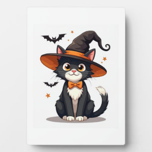 Cat Lovers Witches Hat on Tuxedo Cat Halloween Men Plaque