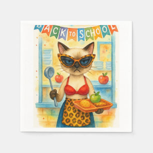 Cat Lunch Lady Serving Food Back to School Themed Napkin
