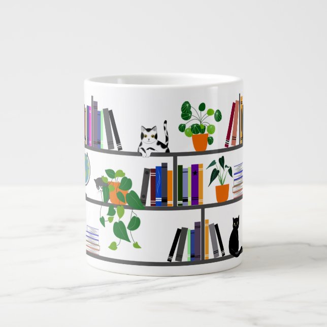Cat Lying on a Bookshelf, Cat Book And Plant Gift Large Coffee Mug (Front)