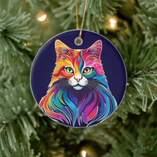 Cat Maine Coon Portrait Rainbow Colors  Ceramic Tree Decoration