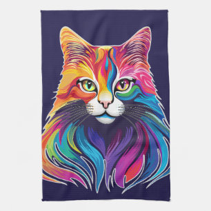 Cat Maine Coon Portrait Rainbow Colors  Tea Towel