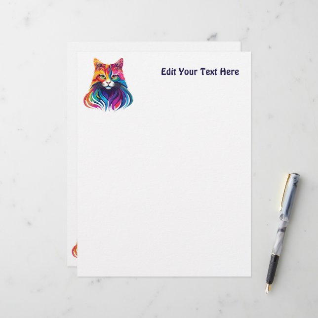 Cat Maine Coon Portrait Rainbow Colours  Custom Letterhead (Front/Back In Situ)