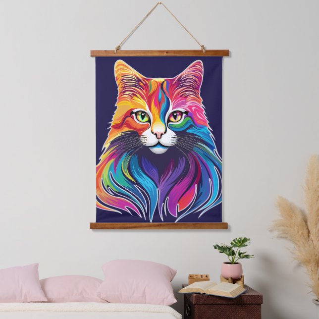 Cat Maine Coon Portrait Rainbow Colours  Hanging Tapestry (Bedroom)