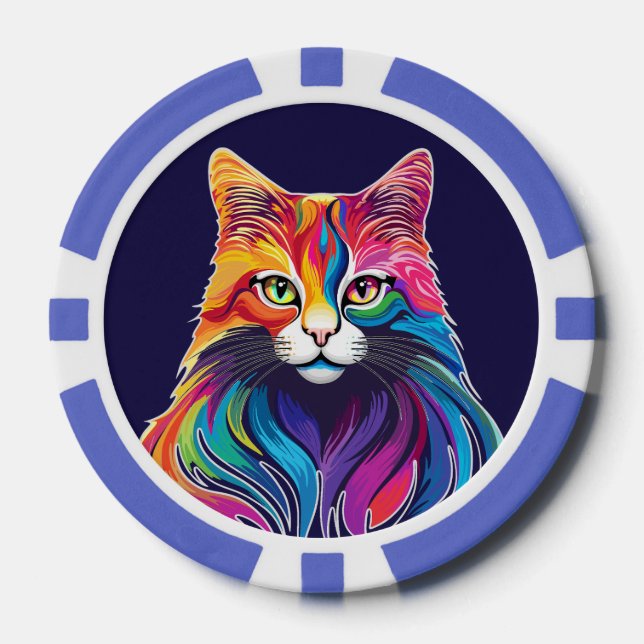 Cat Maine Coon Portrait Rainbow Colours  Poker Chips (Front)