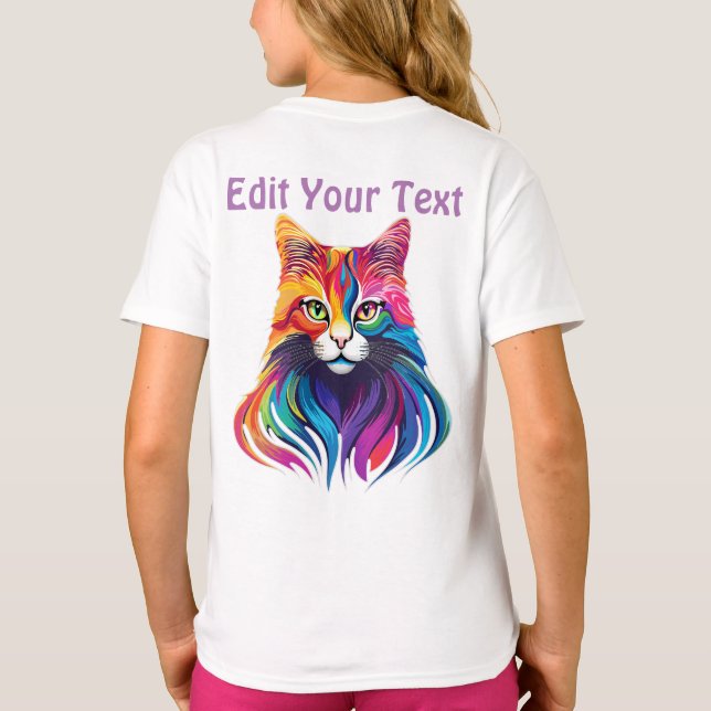 Cat Maine Coon Portrait Rainbow Colours  T-Shirt (Back)
