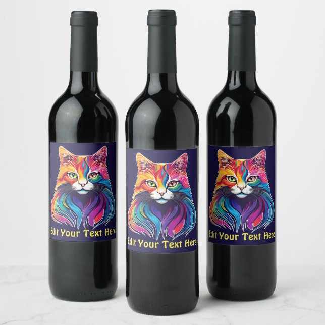Cat Maine Coon Portrait Rainbow Colours  Wine Label (Bottles)