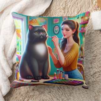 Cat making over beauty with a girl cushion