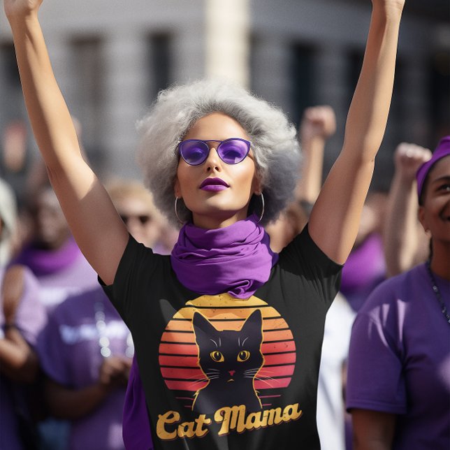 Cat Mama Retro Sunset Silhouette of a Black Cat  T-Shirt (Creator Uploaded)