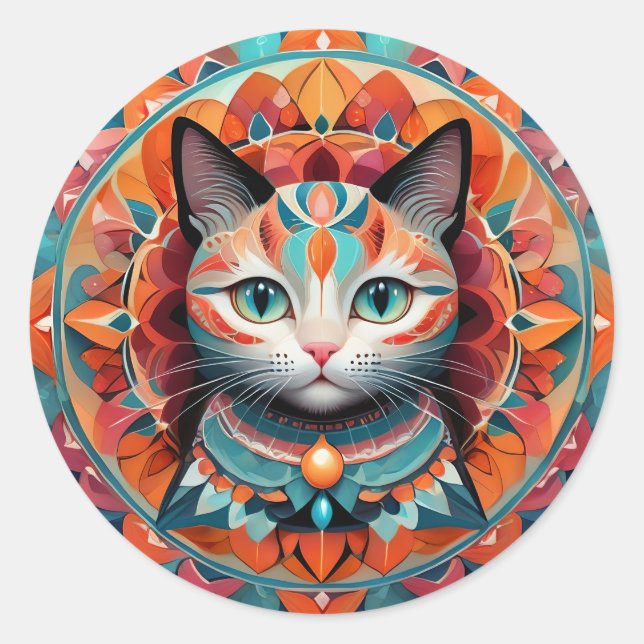 Cat Mandala Classic Round Sticker (Front)