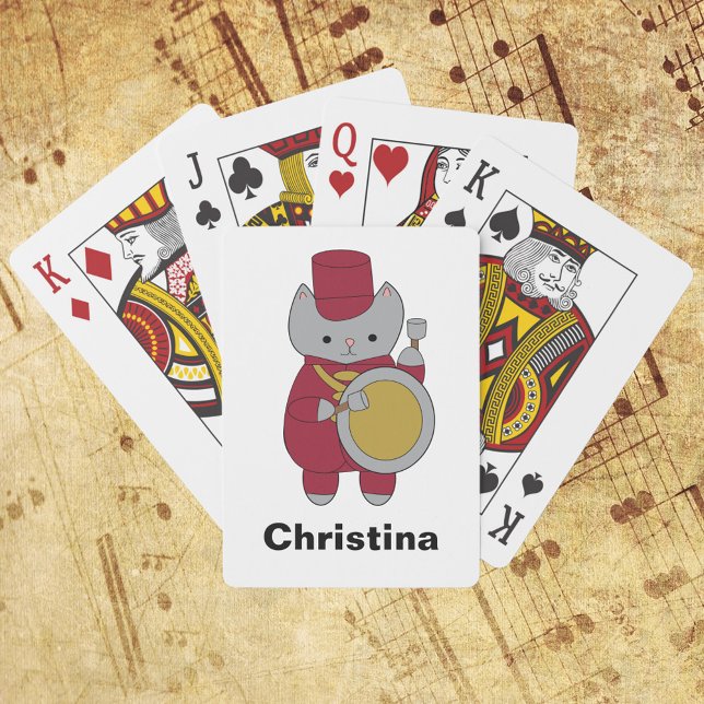 Cat Marching Band Personalise Maroon and Gold Playing Cards (A cute deck of playing cards featuring a bass drum playing cat in maroon and gold)