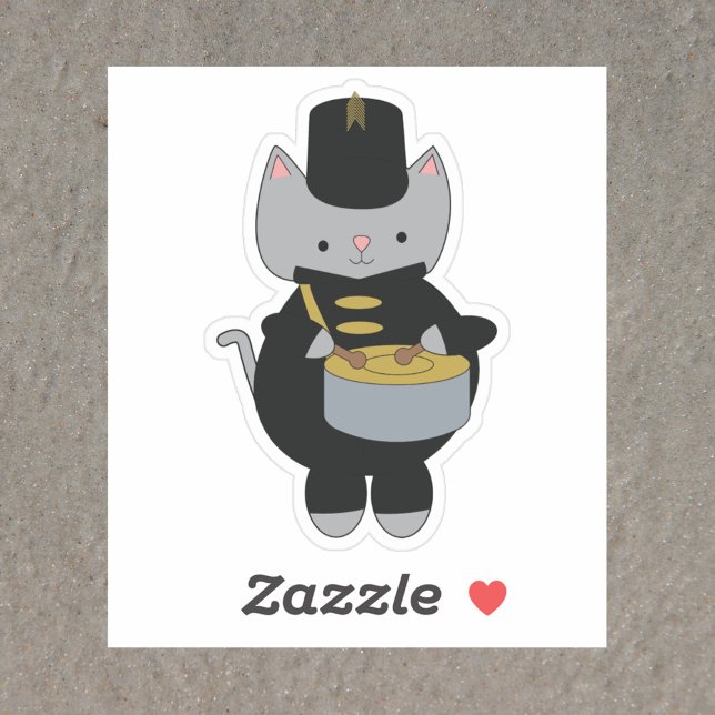 Cat Marching Band Snare Drum Black Gold (A sticker of a cat wearing a black & gold marching band uniform while playing the snare drum)