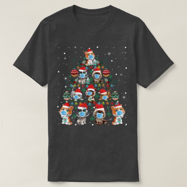 Cat Mask Christmas Tree Cute Kitten  T-Shirt (Design Front)