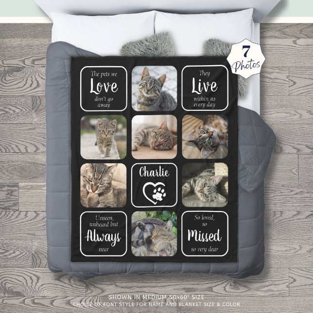 Cat Memorial 7 Photo Collage Sympathy Quote Name Fleece Blanket (Creator Uploaded)