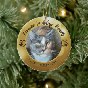 Cat Memorial Forever in Our Hearts Photo Paw Heart Ceramic Tree Decoration